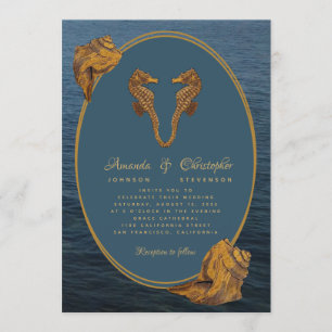 Invitation Nautique Gold Seahorses Sea Snails Beach Mariage