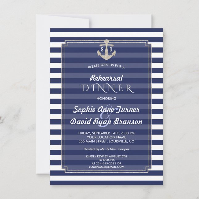 Invitation Nautique Marine Blue Stripes Silver REHEARSAL DINN (Devant)