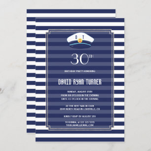 Invitation Nautique Marine Stripes Silver Man Anniversaire