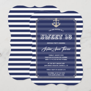 Invitation Nautique Marine Stripes Silver Sweet 16 Party