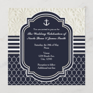 Invitation Nautique Marine & White Elegant Beach Mariage