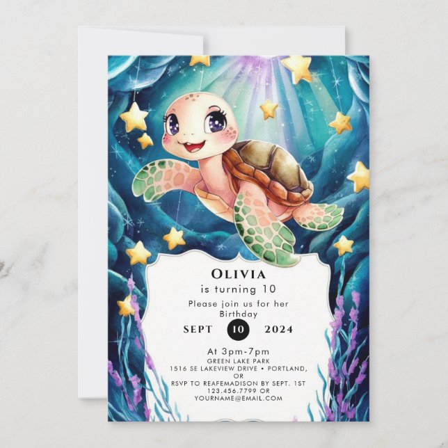 Invitation Nautique mignonne Aquarelle Tortue Anniversaire (Devant)