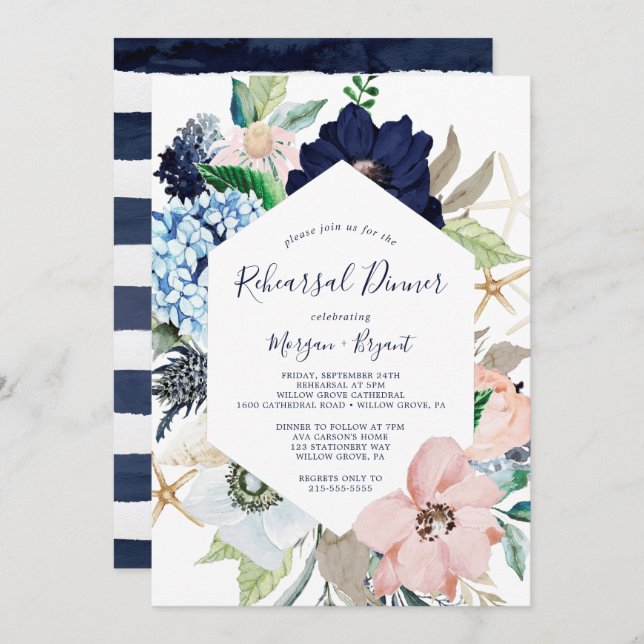 Invitation Nautique moderne | Dîner de répétition florale (Devant / Derrière)