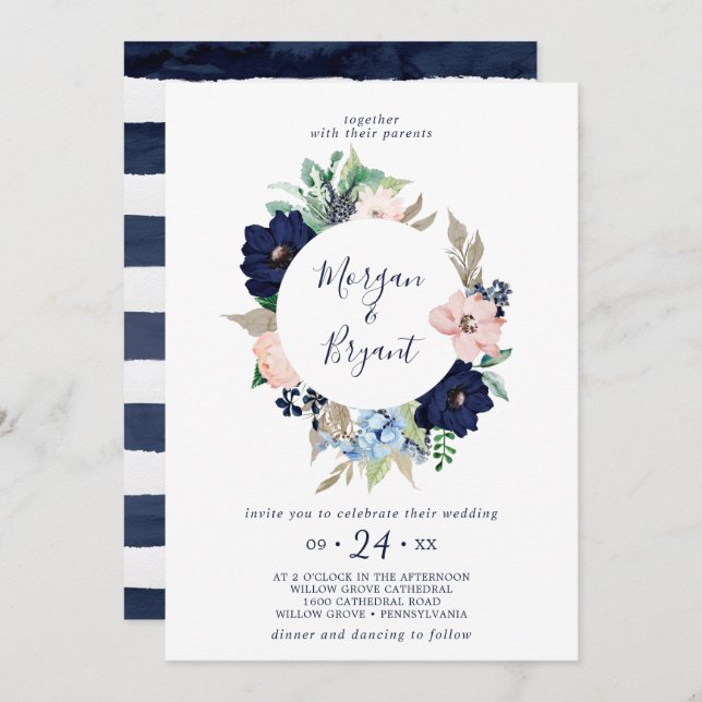 Invitation Nautique moderne | Floral Mariage de couronne (Devant / Derrière)
