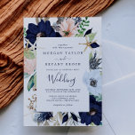 Invitation Nautique moderne | Mariage floral<br><div class="desc">Cette carte de faire-part de mariage florale marine moderne est parfaite pour une croisière ou un mariage sur la plage. Le design fantaisiste présente des fleurs d'aquarelle rose pâle et bleu marine aux accents d'étoile d'or,  donnant une ambiance de plage.</div>