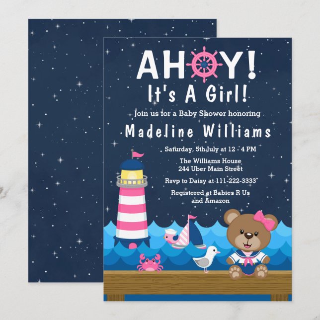 Invitation Nautique ours rose et Baby shower de marine (Devant / Derrière)