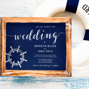 Invitation Nautique ronde mariage bleu marine invite Roue