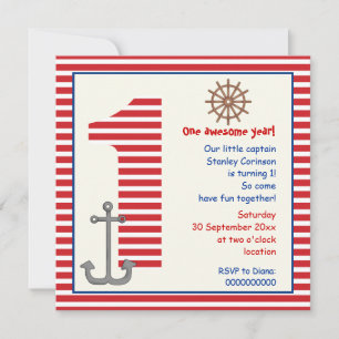 Invitation Nautique rouge, voilier blanc 1er anniversaire fêt