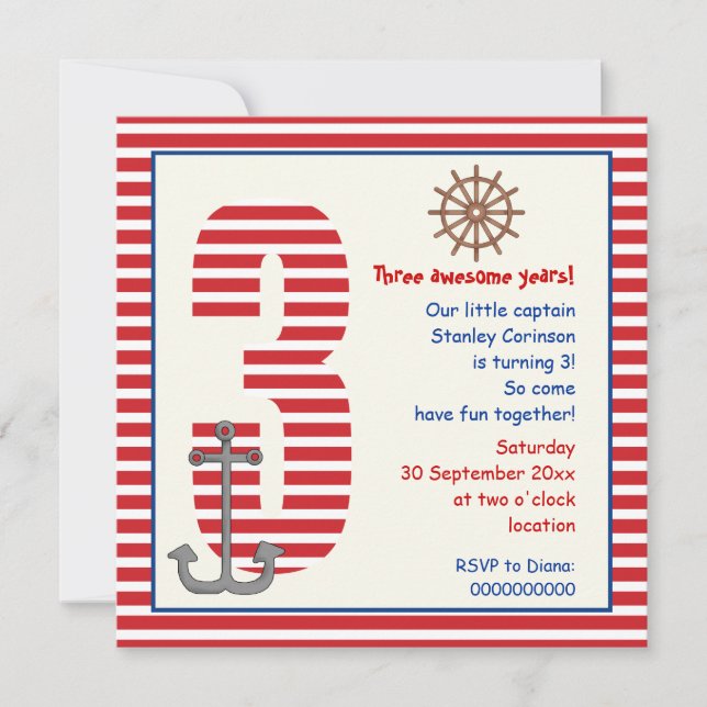 Invitation Nautique rouge, voilier blanc 3e anniversaire (Devant)