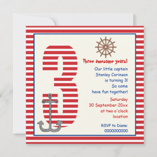 Invitation Nautique rouge, voilier blanc 3e anniversaire