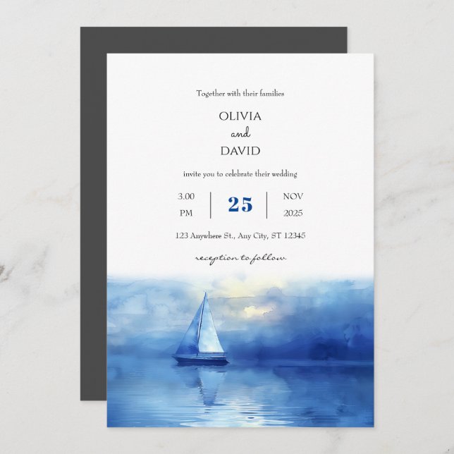 Invitation Nautique Twilight Voilier Blue Sky Beach Mariage (Devant / Derrière)