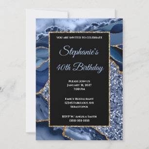 Invitation Navy Agate Or Glitter Glam 40e Anniversaire