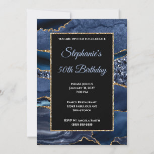 Invitation Navy Agate Or Glitter Glam 50e Anniversaire