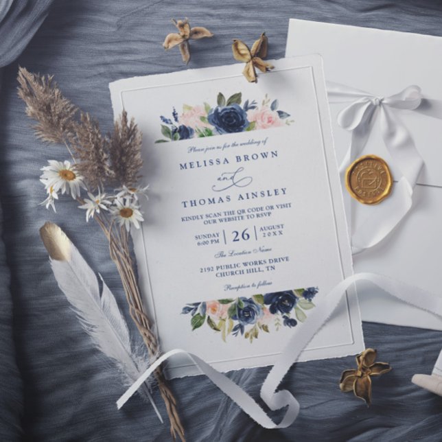 Invitation Navy and Blush Rustic Elegant Chic QR Code Wedding (Créateur téléchargé)