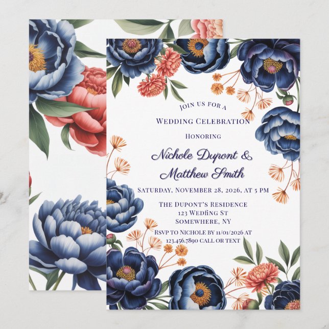 Invitation Navy and Burnt Orange Floral Wedding Celebration (Devant / Derrière)