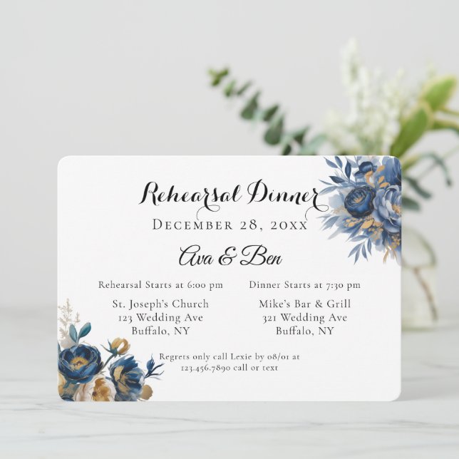 Invitation Navy and Gold Peony Flowers Rehearsal Dinner (Debout devant)