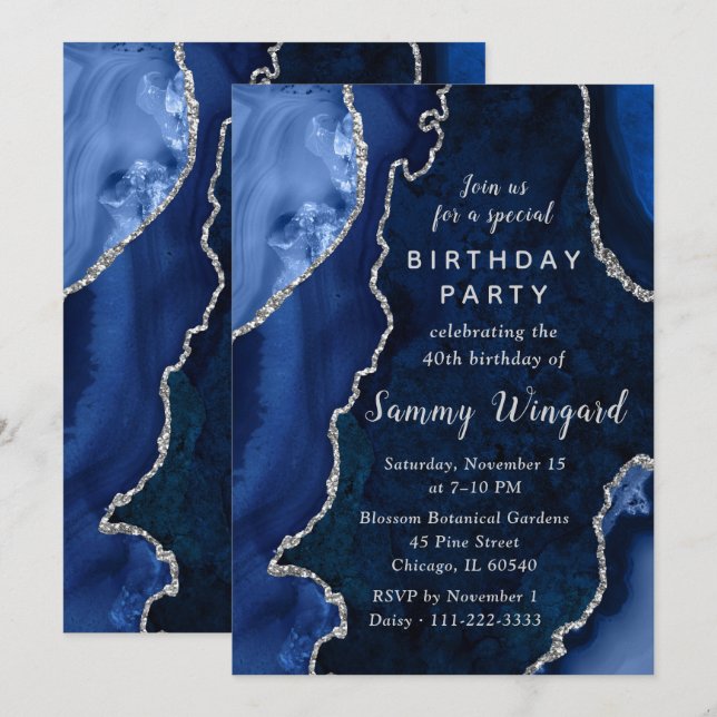 Invitation Navy and Silver Agate Marble 40th Birthday Party (Devant / Derrière)