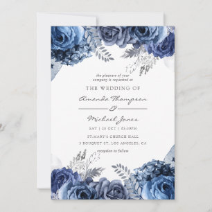 Invitation Navy and White with Silver Foil Floral Wedding