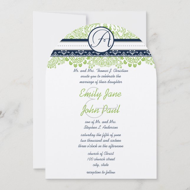 Invitation Navy Apple Green Gray Love Birds Mariage  (Dos)
