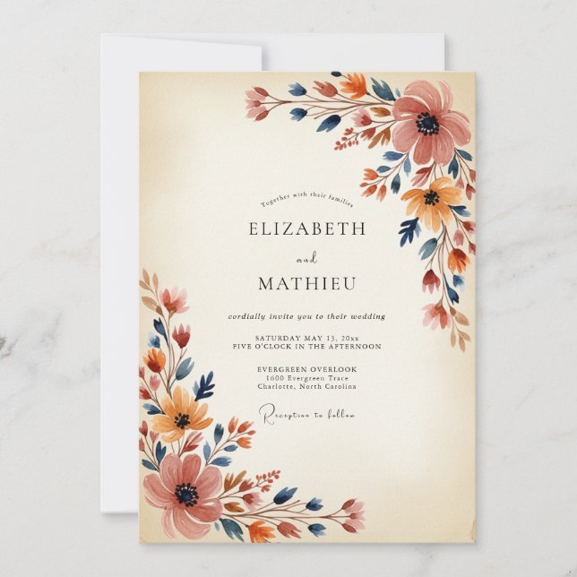 Invitation Navy Apricot Painterly Autumn Wedding (Devant)