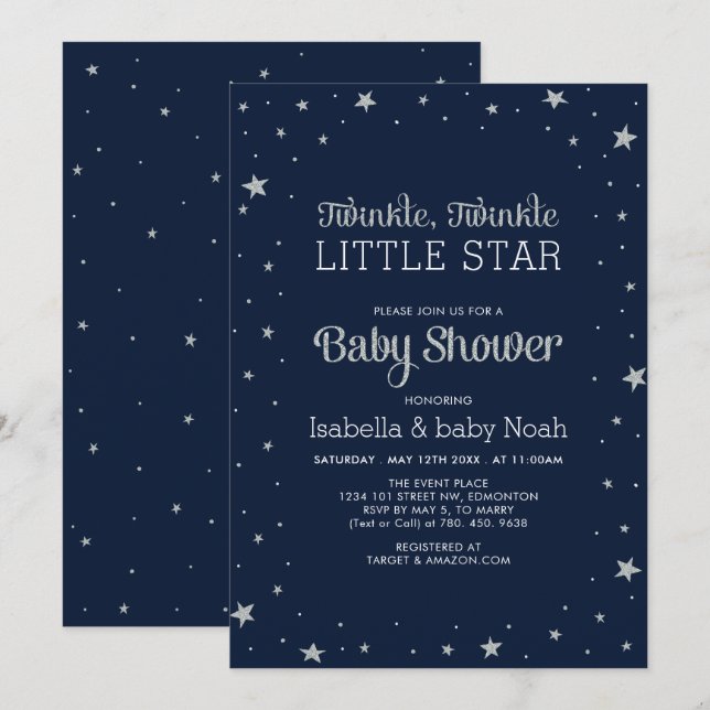 Invitation Navy & Argent | Une Petite Étoile Fait Sa Fête de  (Devant / Derrière)
