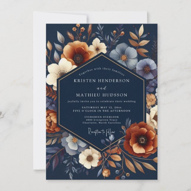 Invitation Navy Autumnal Bloom Wedding (Devant)