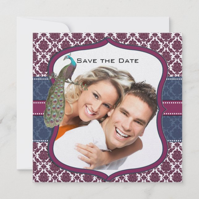 Invitation Navy & Berry Berry Elégant Damask Paon Mariage (Devant)