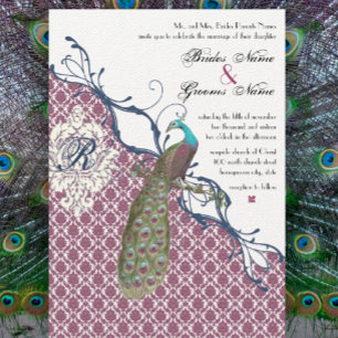 Invitation Navy & Berry Berry Élégant Damask Paon Mariage