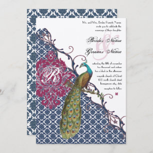 Invitation Navy & Berry Berry Elegant Damask Peacock Mariage