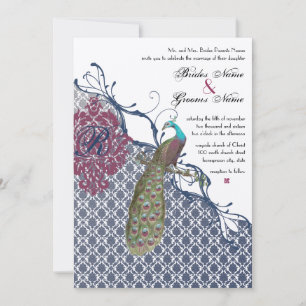 Invitation Navy & Berry Berry Elegant Damask Peacock Mariage