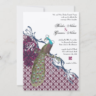Invitation Navy & Berry Berry Elegant Damask Peacock Mariage