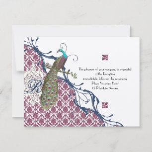 Invitation Navy & Berry Berry Elegant Damask Peacock Mariage