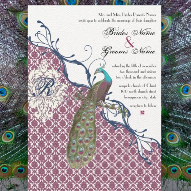 Invitation Navy & Berry Berry Elegant Damask Peacock Mariage (Créateur téléchargé)