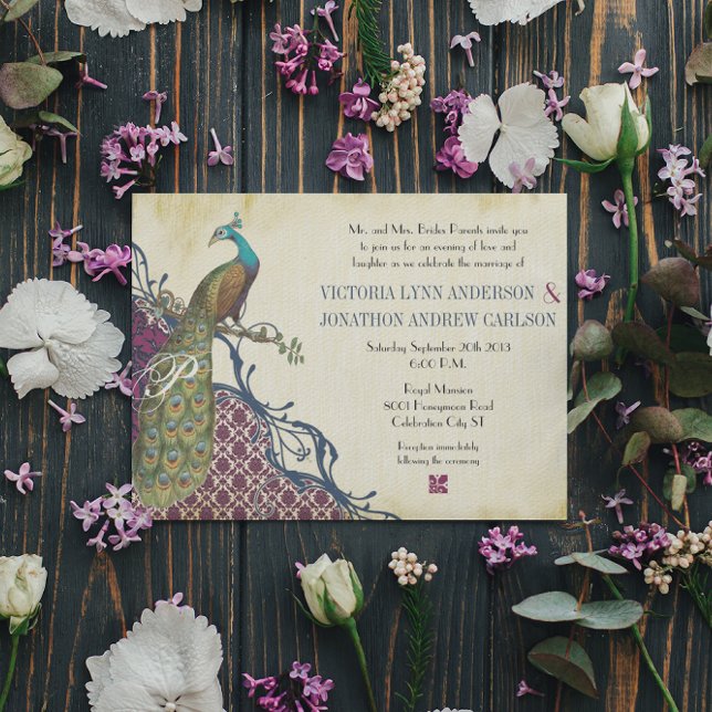 Invitation Navy & Berry Berry Elegant Damask Peacock Mariage (Créateur téléchargé)