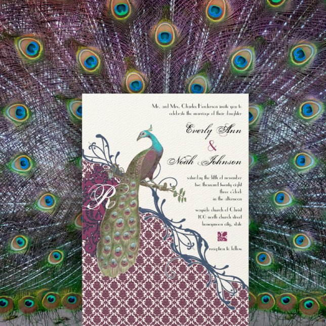 Invitation Navy & Berry Berry Elegant Damask Peacock Mariage (Créateur téléchargé)