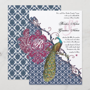 Invitation Navy & Berry Berry Élégant Damassé Paon Mariage