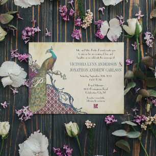 Invitation Navy & Berry Berry Élégant Damassé Paon Mariage