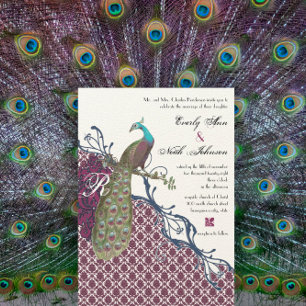 Invitation Navy & Berry Berry Élégant Damassé Paon Mariage