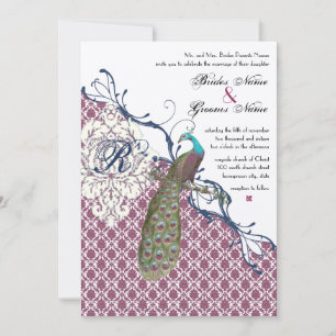 Invitation Navy & Berry Berry Élégant Damassé Paon Mariage