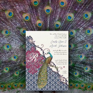 Invitation Navy & Berry Berry Élégant Mariage au Damassé Paon