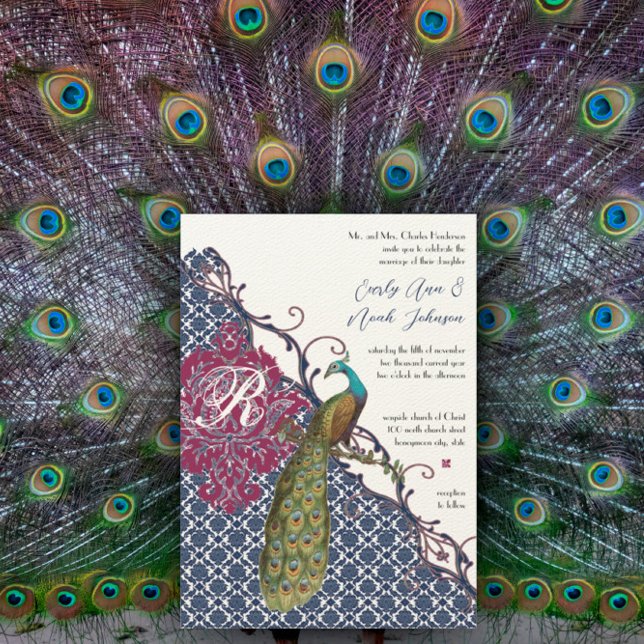 Invitation Navy & Berry Berry Élégant Mariage au Damassé Paon (Créateur téléchargé)