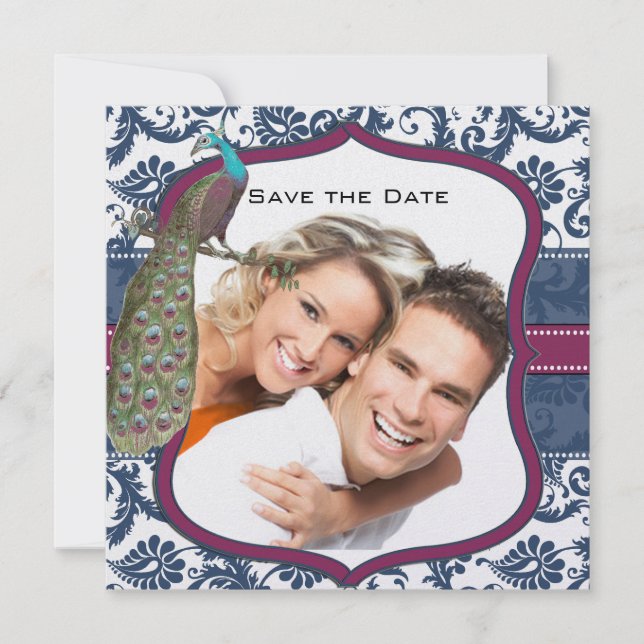 Invitation Navy & Berry Berry Elégant Mariage au Paon Damassé (Devant)