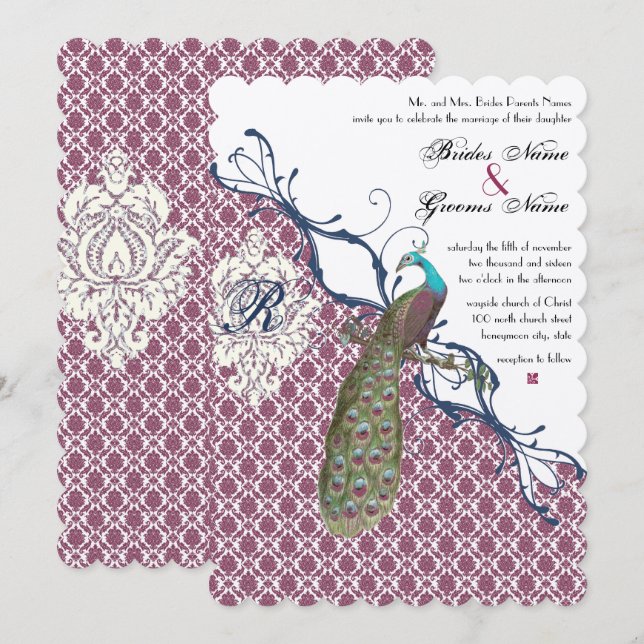 Invitation Navy & Berry Berry Élégant Mariage au Paon Damassé (Devant / Derrière)