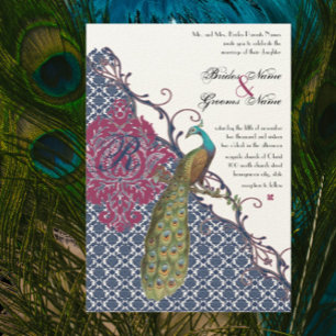 Invitation Navy & Berry Élégant Mariage au Damassé Paon