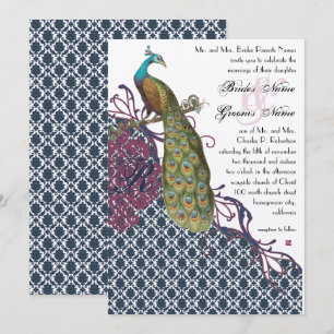 Invitation Navy & Berry Élégant Mariage au Damassé Paon