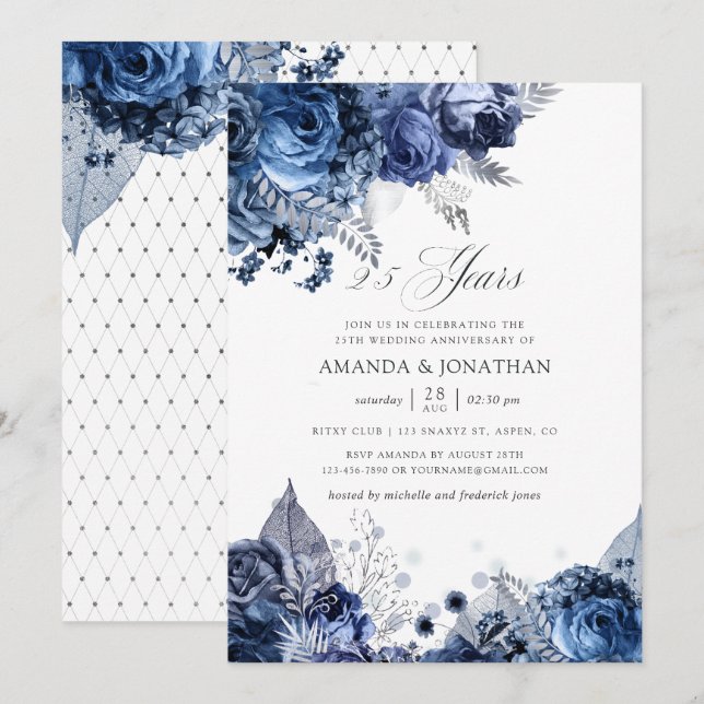 Invitation Navy & Blanc Argenté 25e Anniversaire de Mariage (Devant / Derrière)