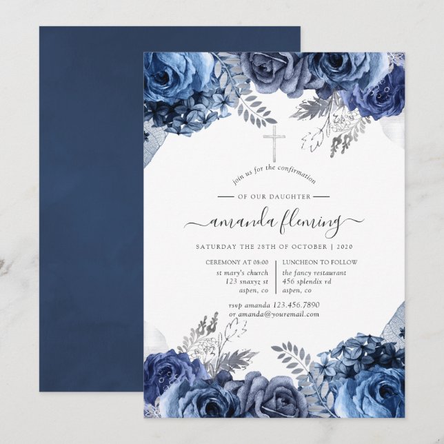 Invitation Navy & Blanc avec confirmation florale en feuille  (Devant / Derrière)