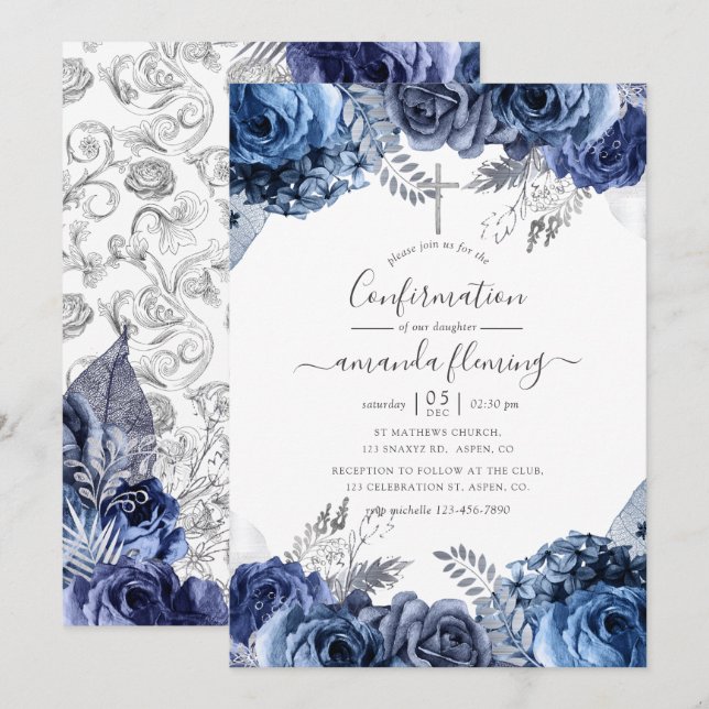 Invitation Navy & Blanc avec confirmation florale en feuille  (Devant / Derrière)