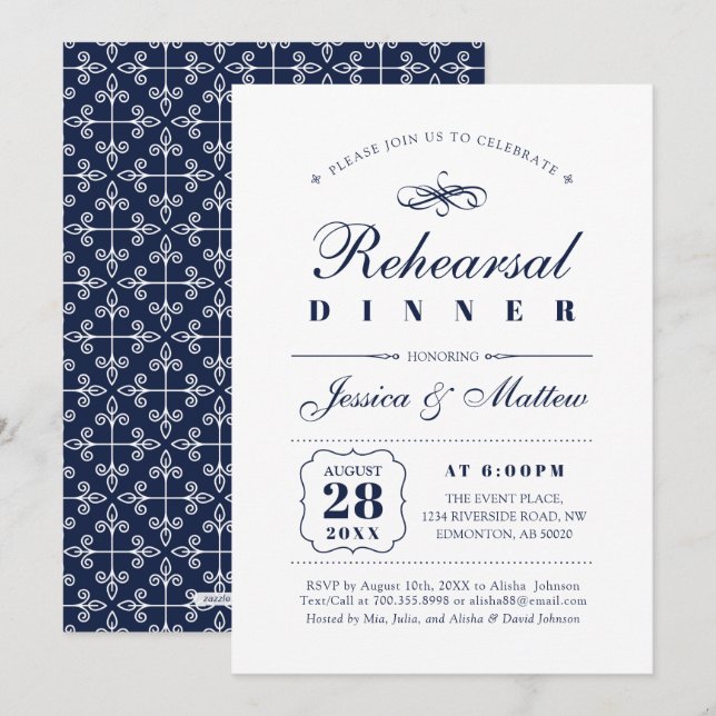 Invitation Navy & Blanc | Dîner de Répétition de Mariage Élég (Devant / Derrière)