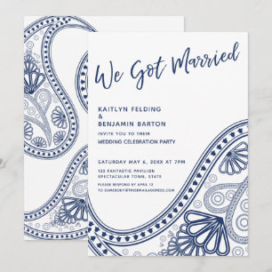 Invitation Navy & Blanc Nous nous sommes mariés Paisley Récep